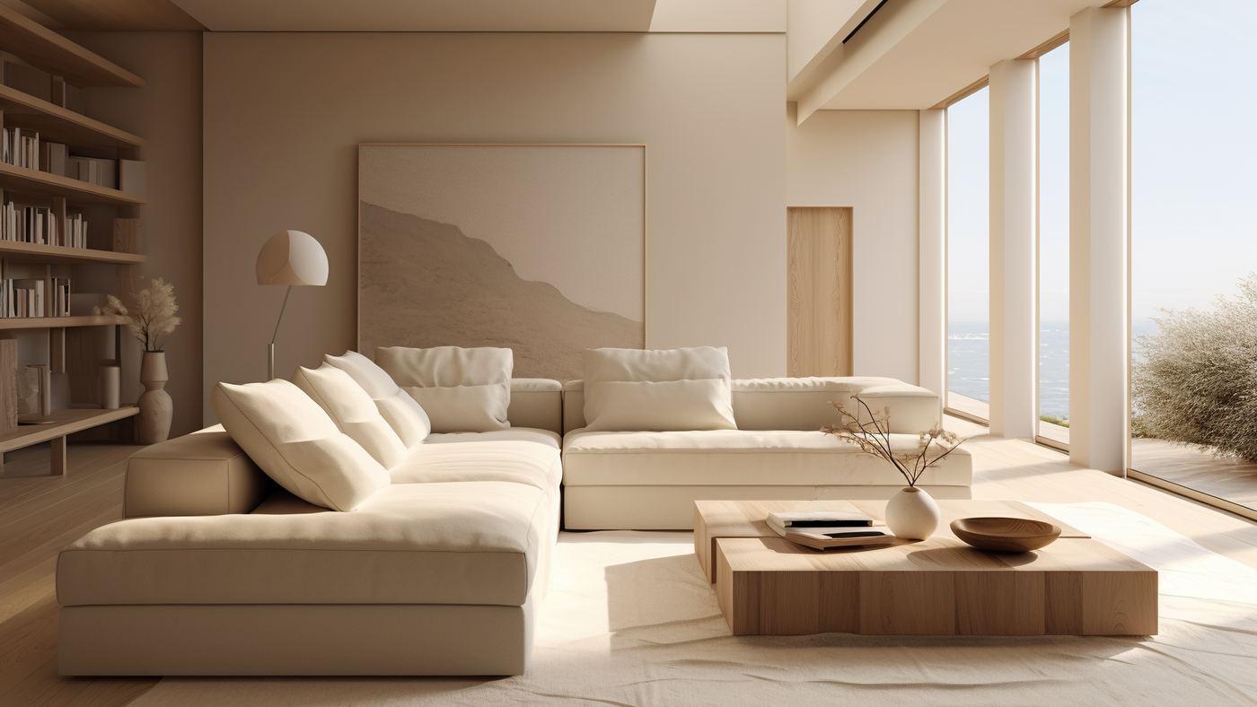 Bright modern interior with floor-to-ceiling windows
